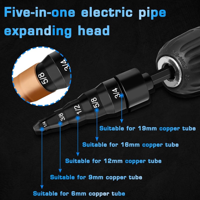 Hakkin 7PCS HVAC Repairing Set, Air Conditioner Copper Tube Expander with 5 in 1 Swaging Tool Drill Bit, Hex Shank Manual Pipe Swage Expander, Flaring Tool Size 1/4'', 3/8'',1/2'',5/8'',3/4'',7/8'' - Image 4